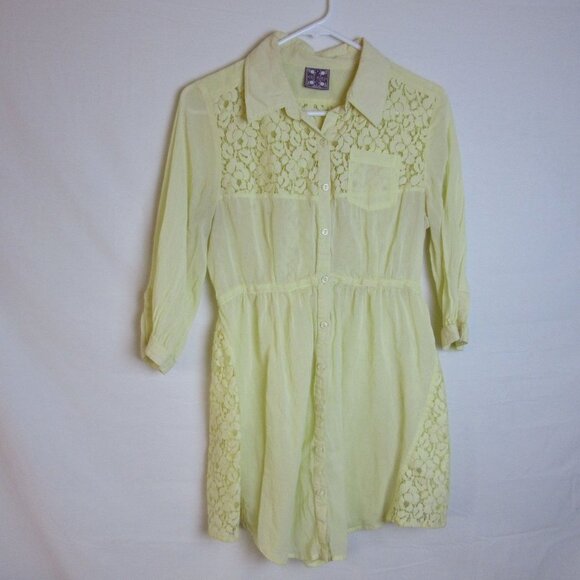 Free People Yellow Lace Tunic Button Front Sheer Blouse Women's 10 - Picture 1 of 10
